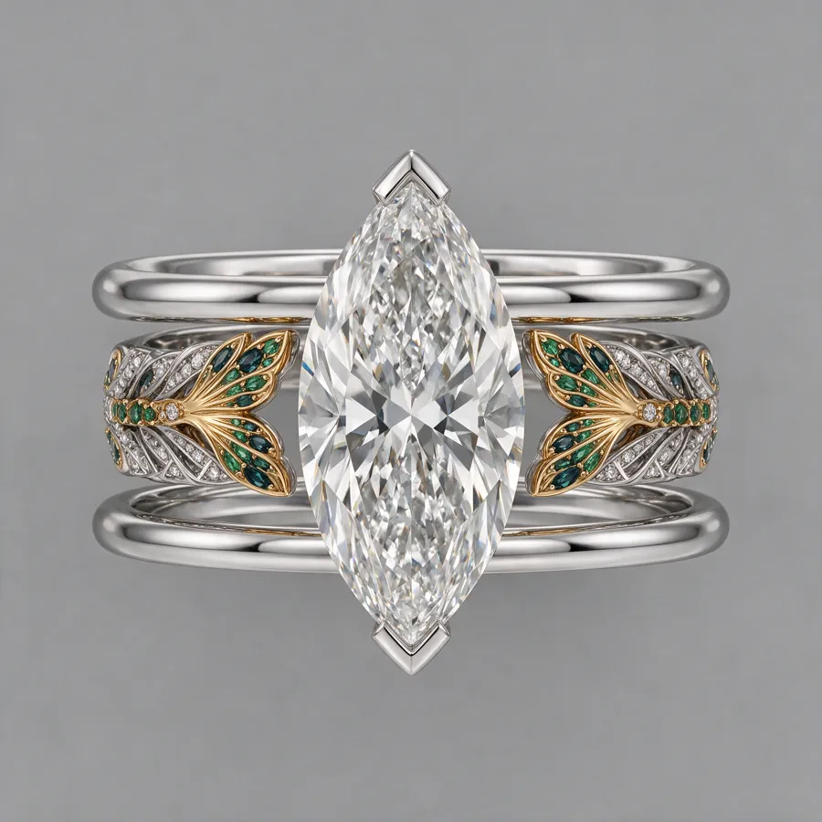 The band assembled into a stack around a marquise stone